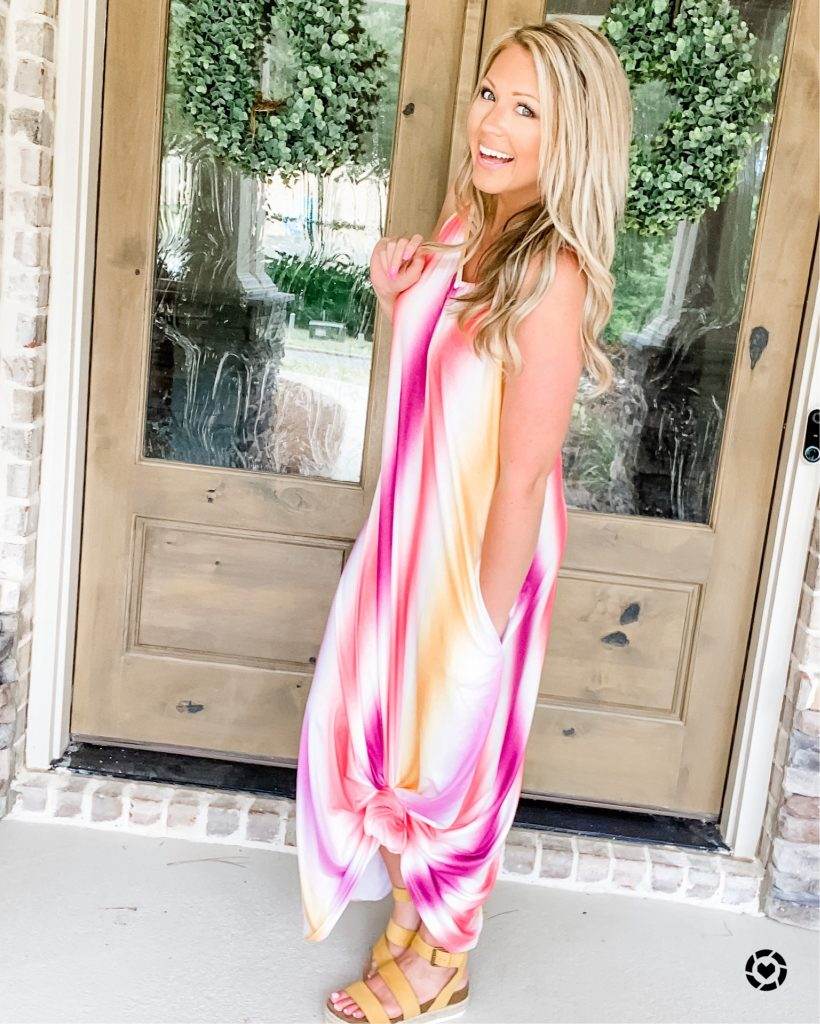 Pink, white, and orange maxi dress makes this Fourth of July Amazon Try-On fun