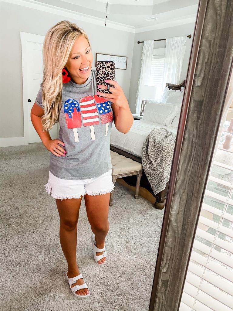 Grey tee with red white and blue Fourth of July popsicles